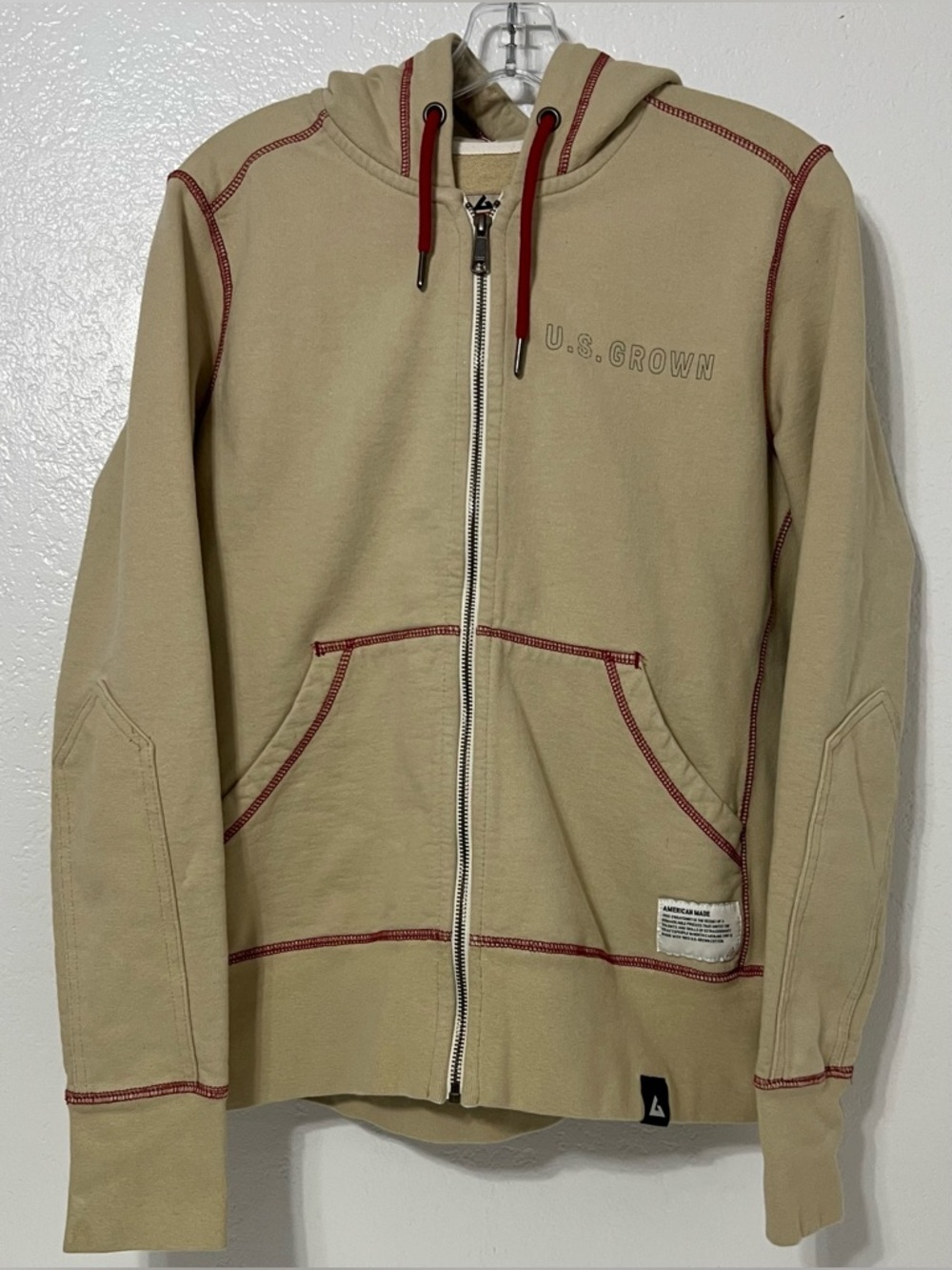 American Giant  Zip Hoodie Beige Contrast Stitch Made USA Workwear Minimalist